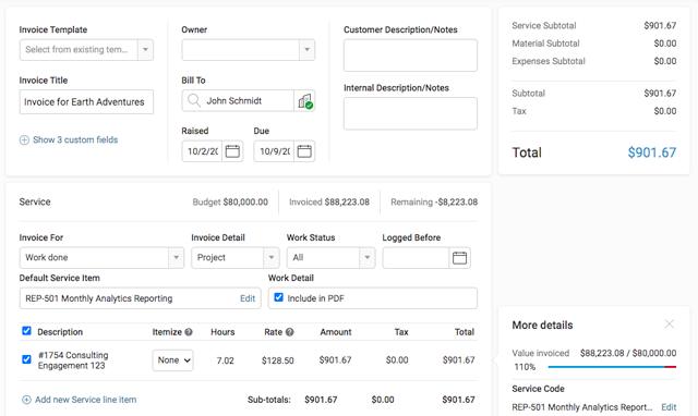 Powering, template driven invoicing