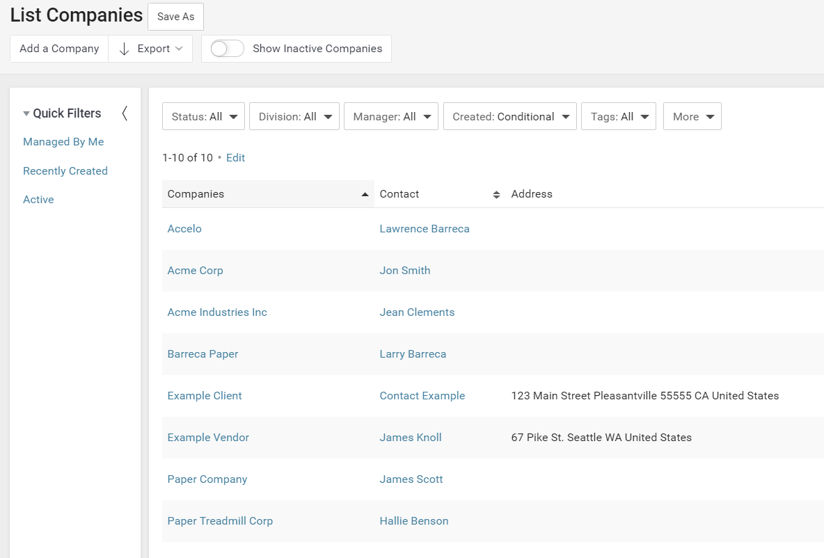 Accelo's client database management feature for client lists