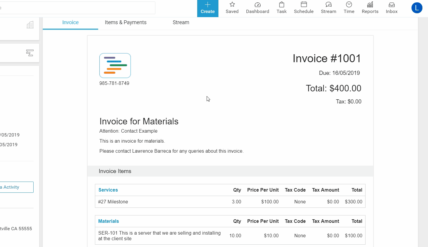 Accelo's custom invoice feature for project planning