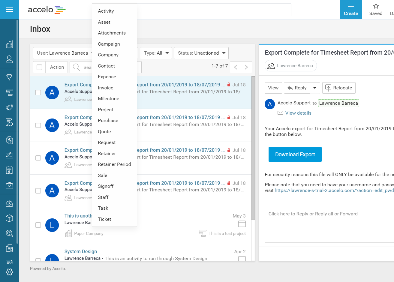Accelo's team inbox with global search feature for messages