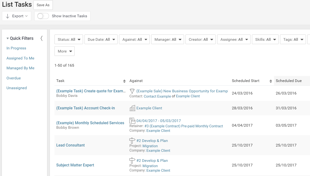 Accelo's usage tracking dashboard for task tracking