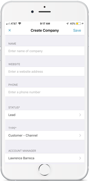 Accelo's mobile project management app for creating new client company profiles anywhere