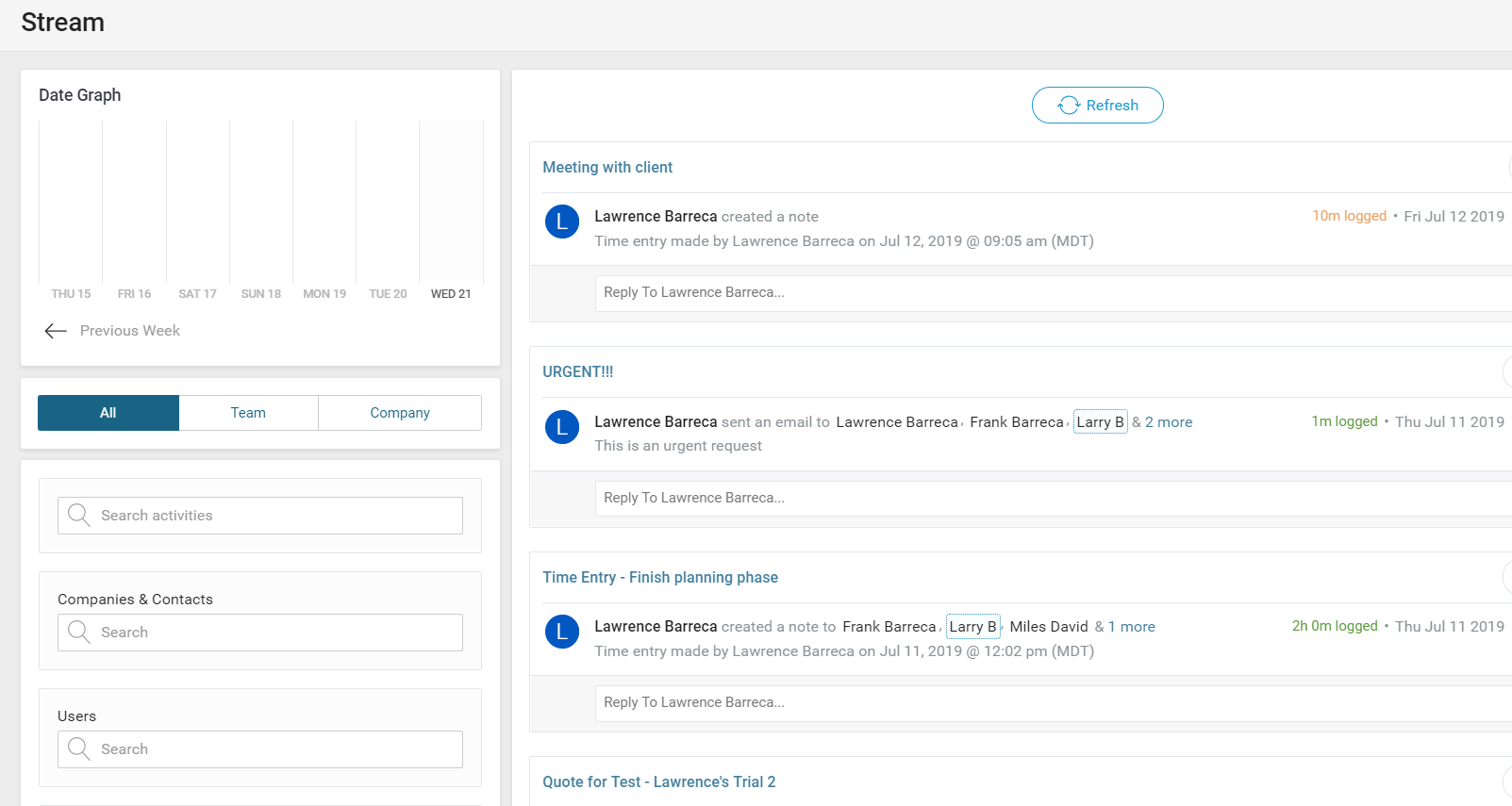 Accelo's client activity stream for sorting information by project