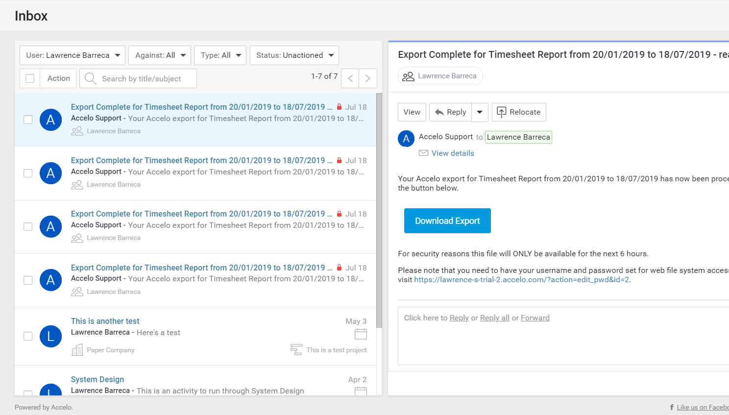 Accelo's project collaboration software for sharing a unified inbox