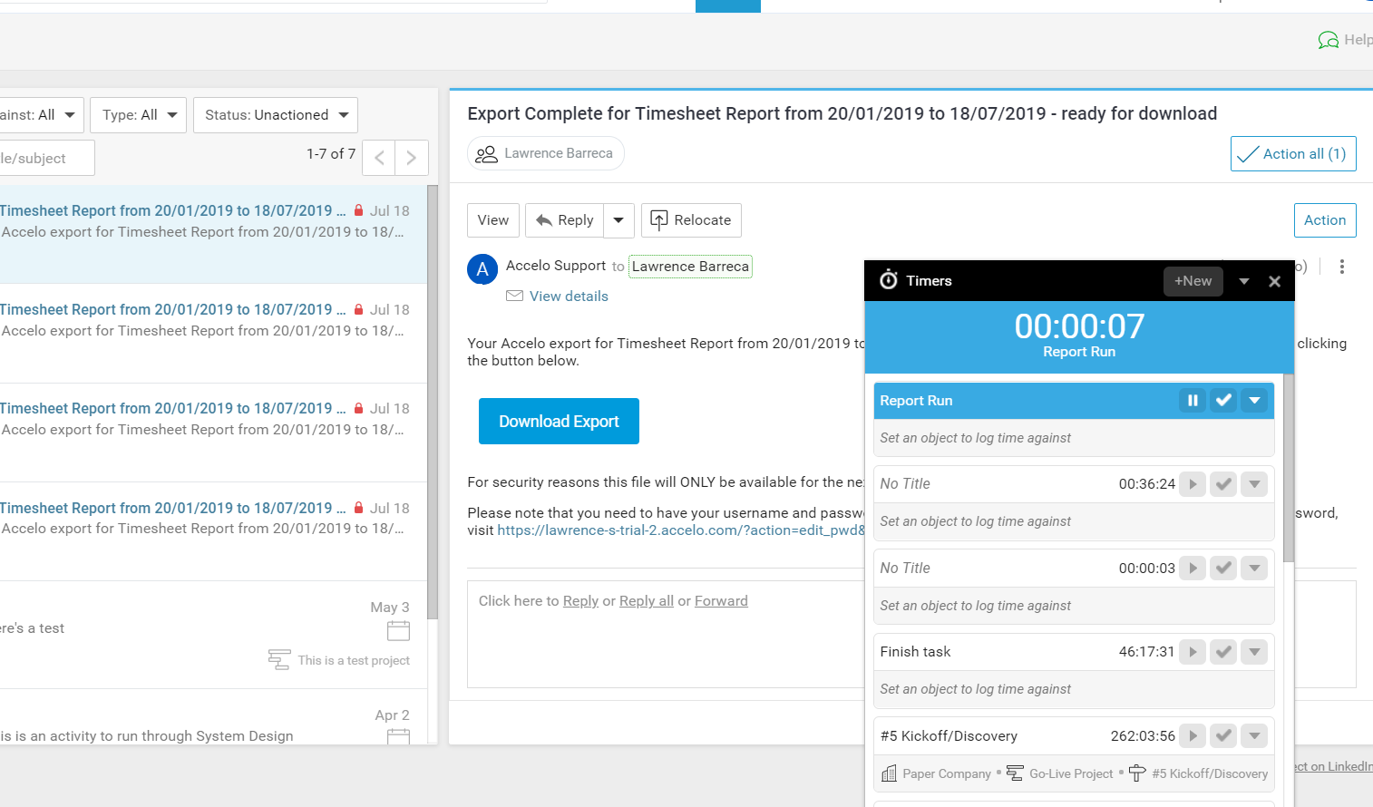 Accelo's team inbox for automatically tracking time spent on tickets