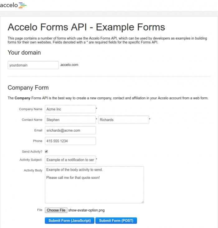 accelo forms api demo page
