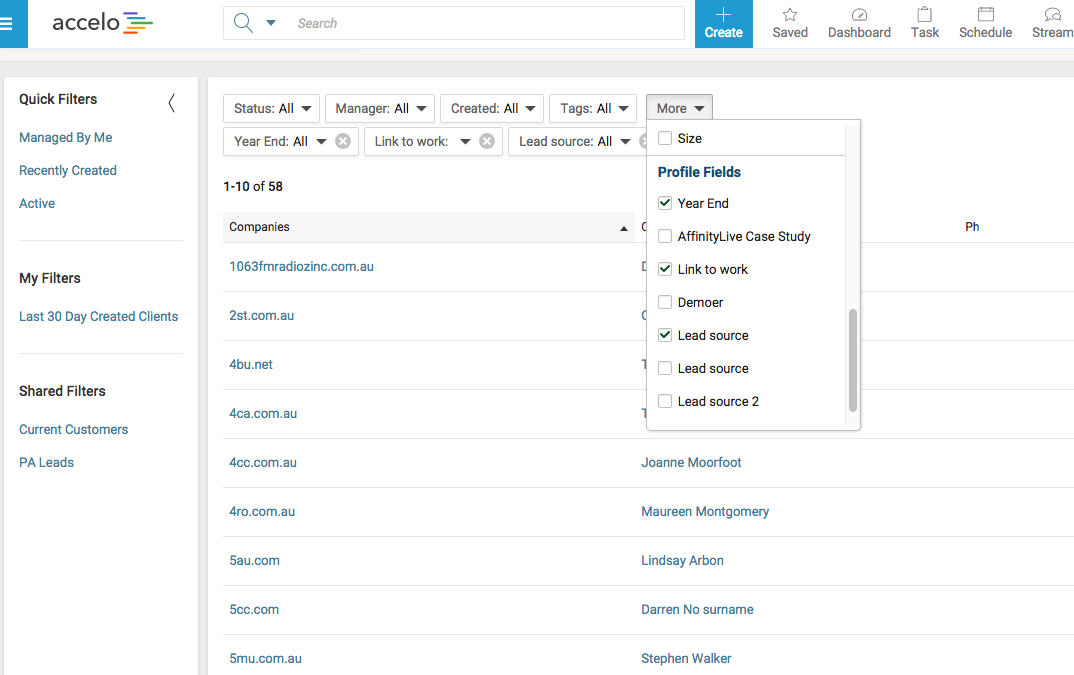 Accelo's custom fields for client database management
