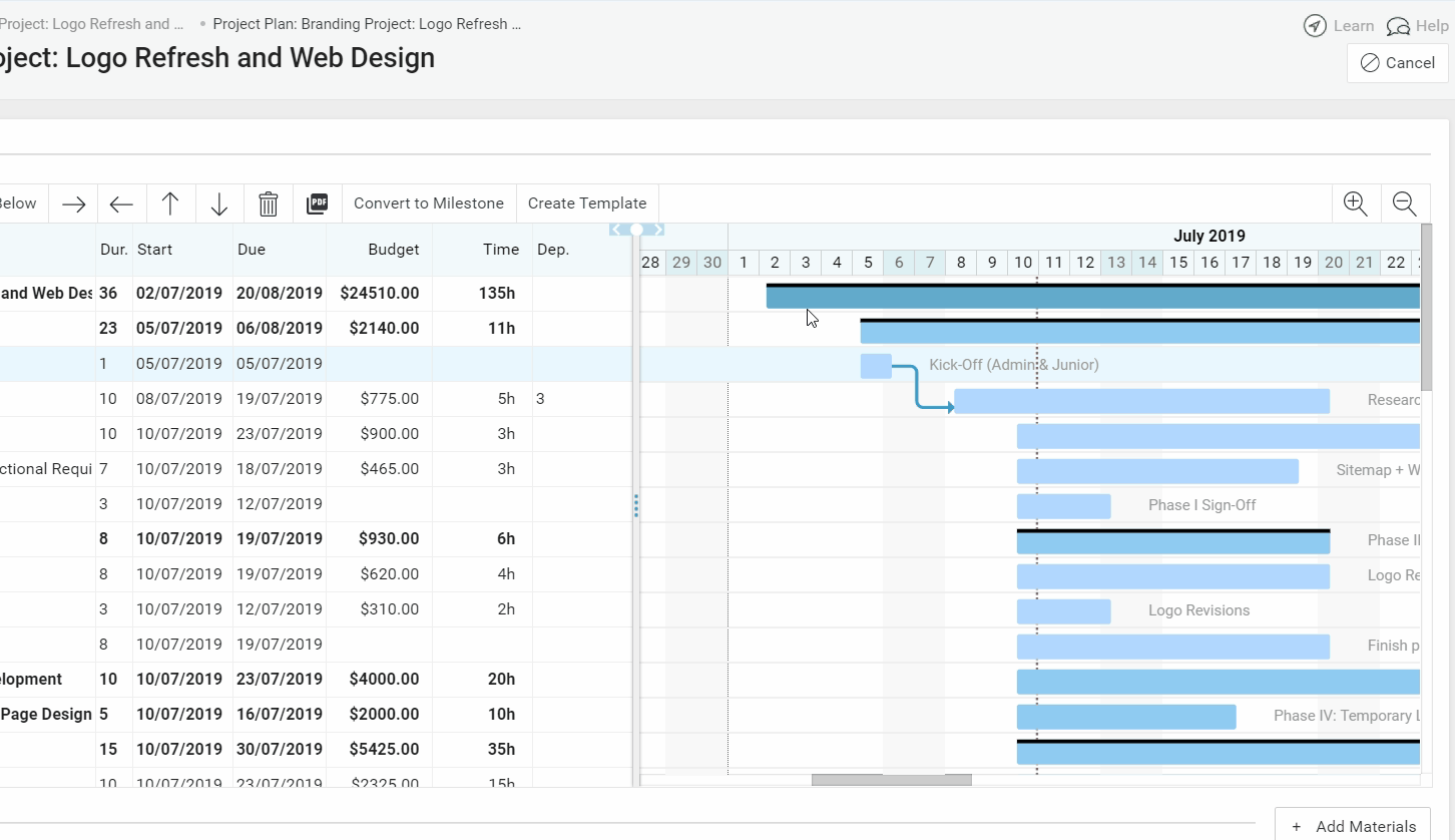 Accelo's project planning feature for drag-and-drop gantt charts