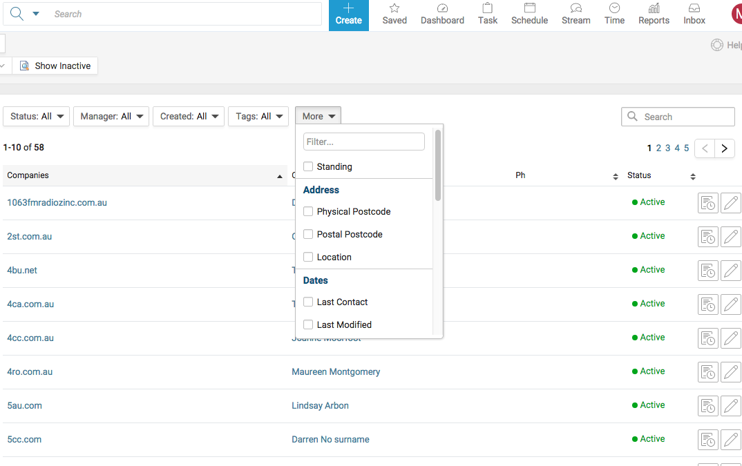 Accelo's client database management portal feature for filtering clients